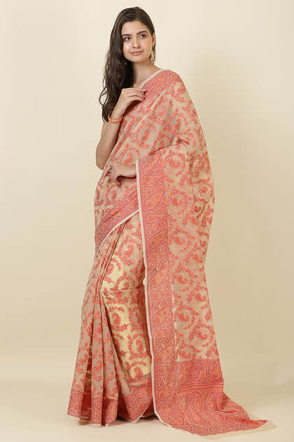 Beige Cotton Resham Woven Saree