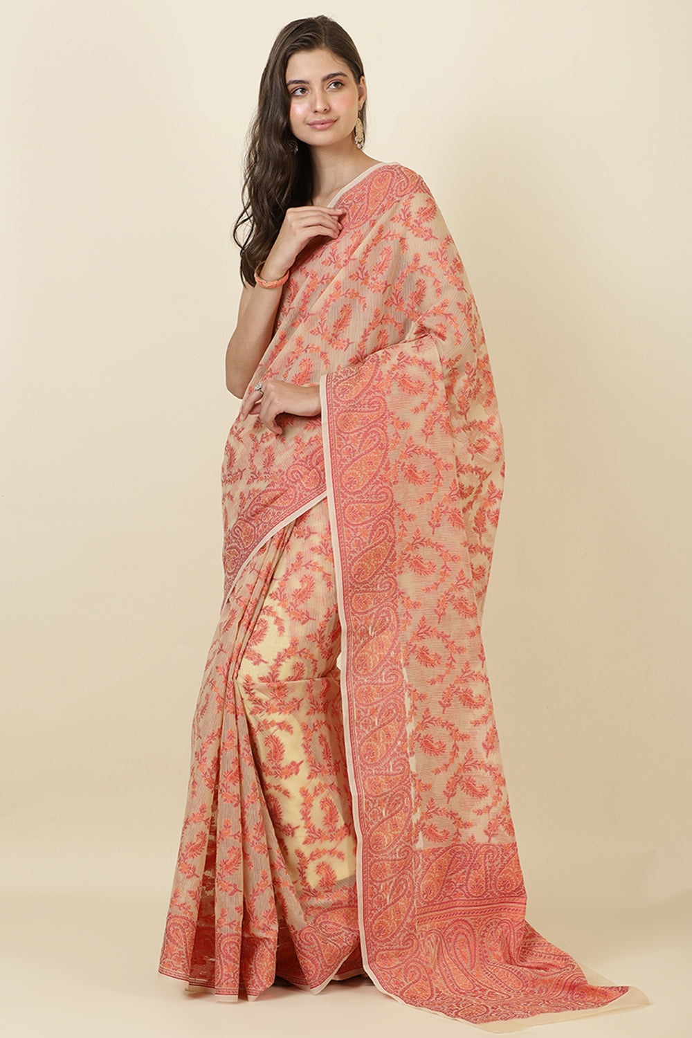 Beige Cotton Resham Woven Saree