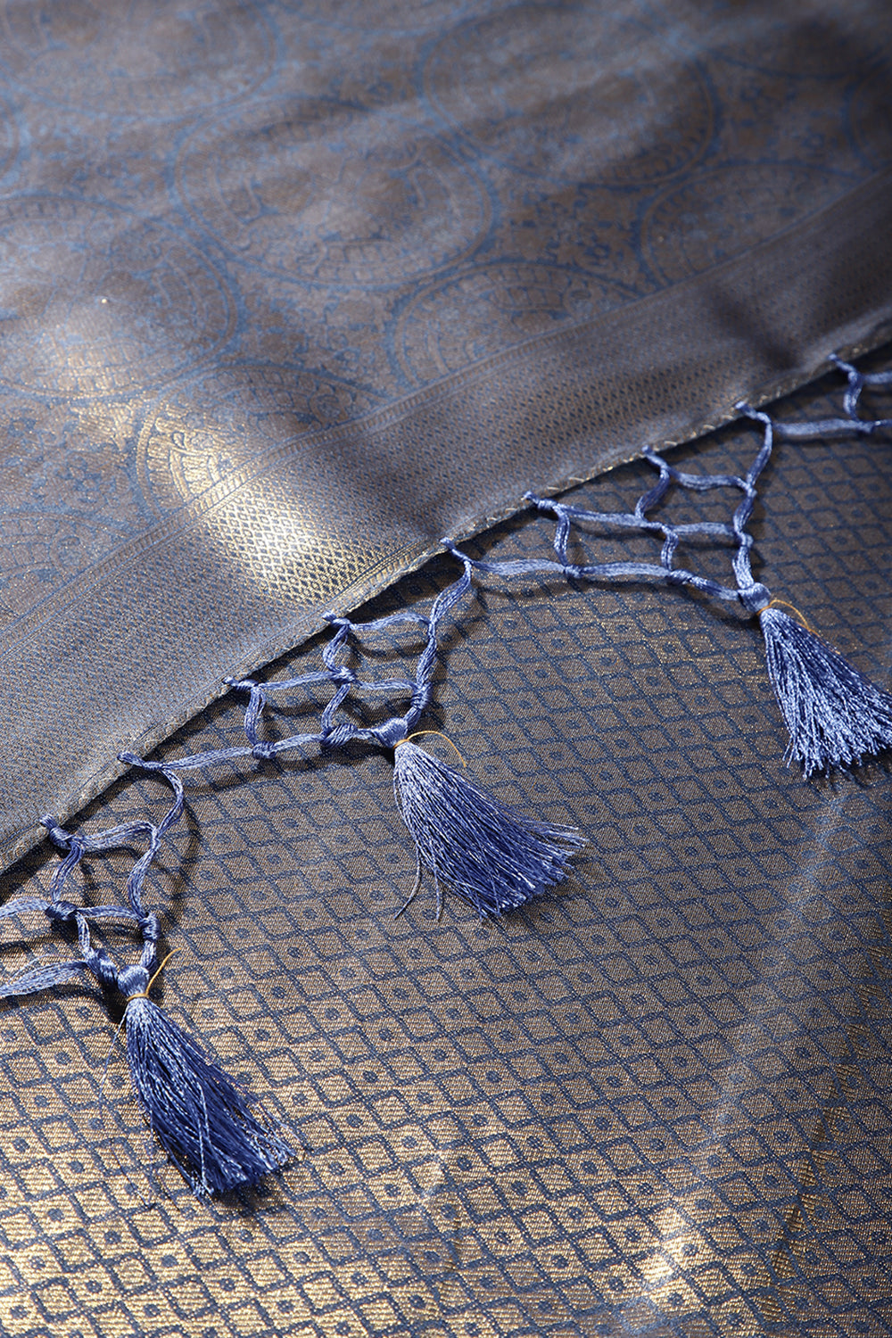 Greyish Blue Color Silk Resham and Zari Woven Saree