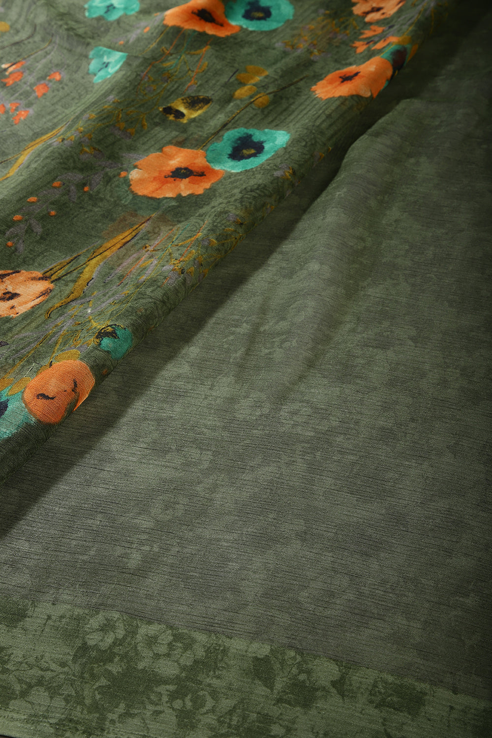 Olive Green Color Floral Printed Chiffon Saree