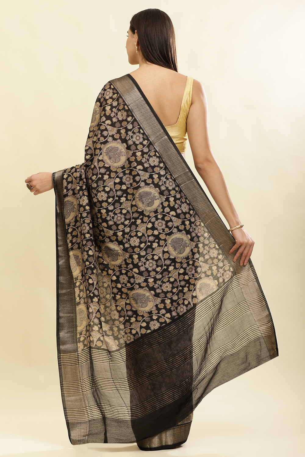 Black Floral Printed & Zari Border Cotton Silk Saree