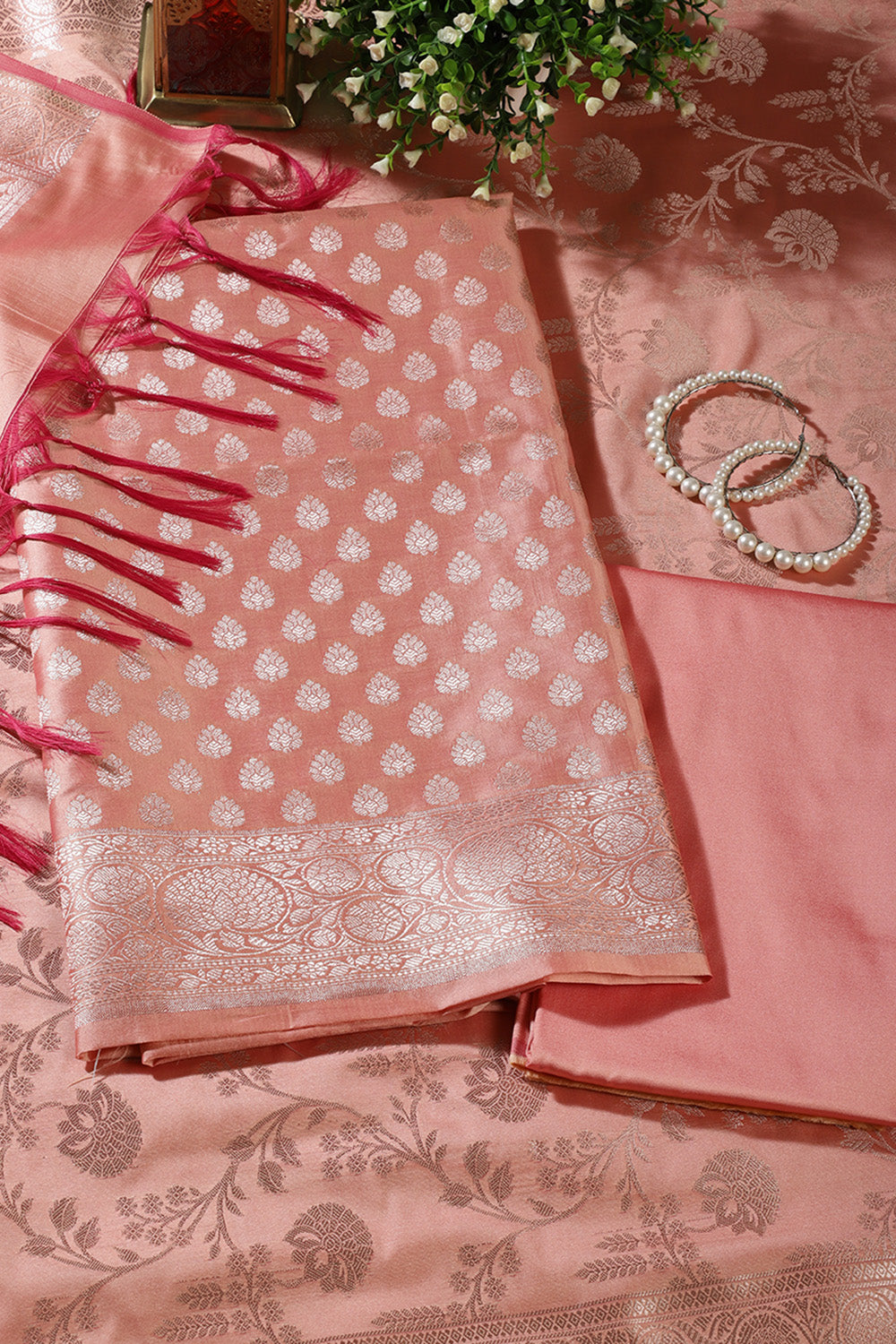Peach Silk Buta Motifs Woven Unstitched Suit Fabric
