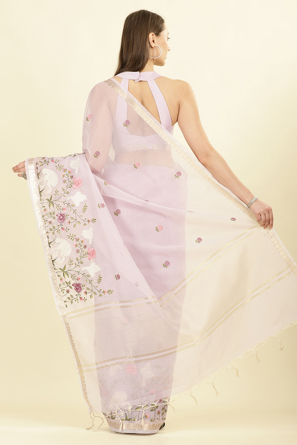Mauve Kota Cotton Floral Resham Embroidered And Zari Woven Saree
