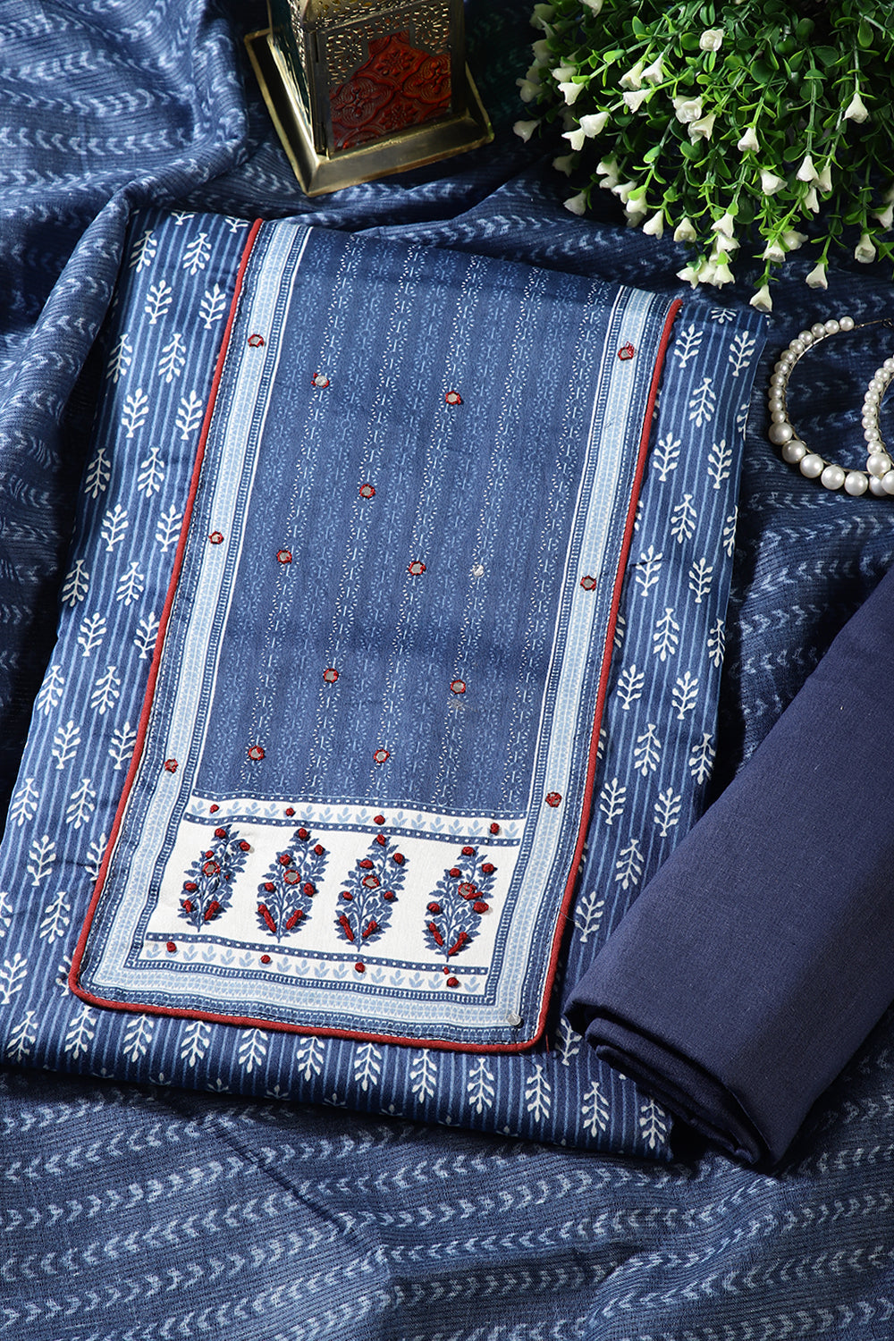 Persian Indigo Color Printed Twill Cotton Unstitched Suit Material
