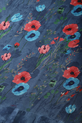 Blue Color Floral Printed Chiffon Saree