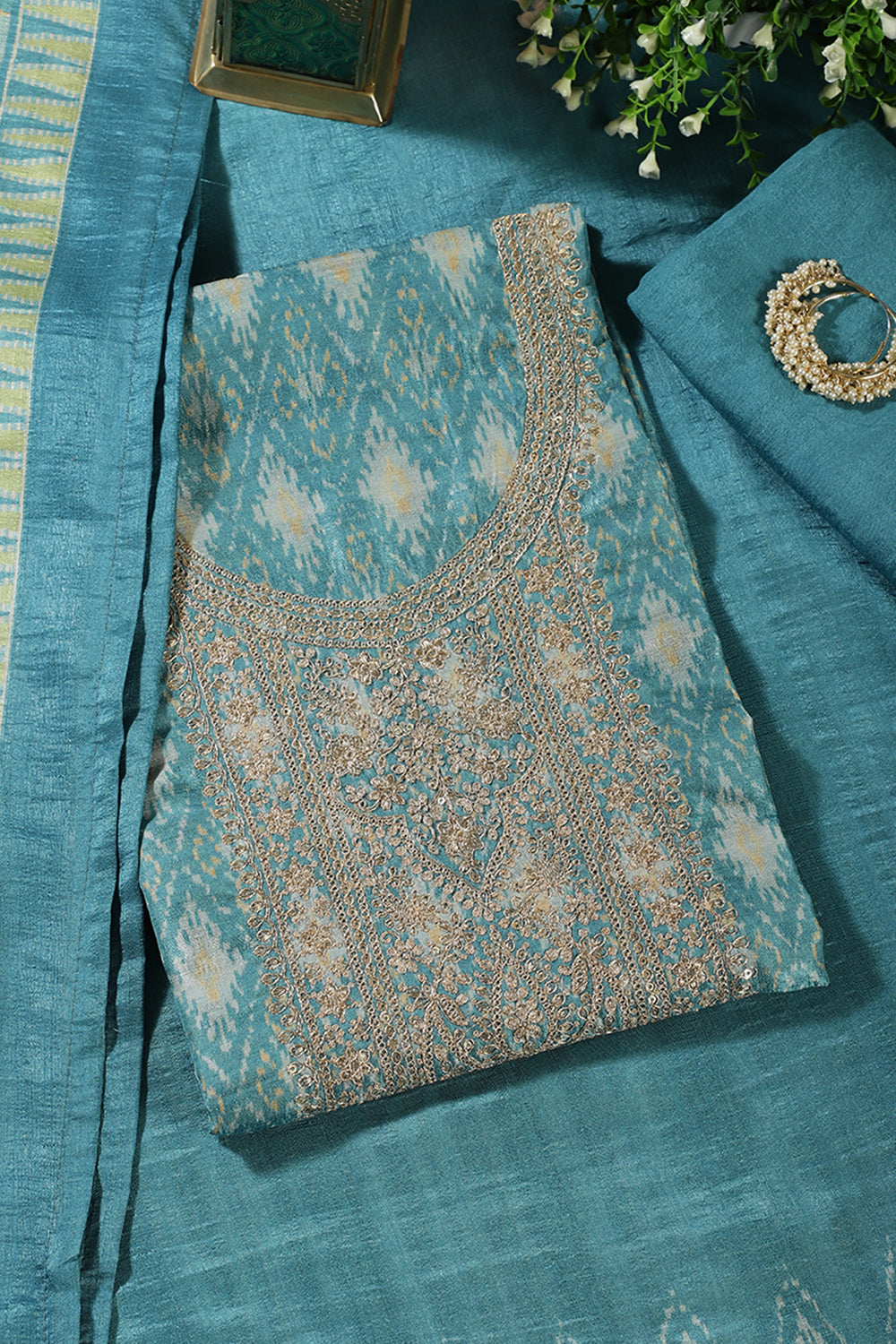 Turquoise Chanderi Silk Neck Embroidered Unstitched Suit Material