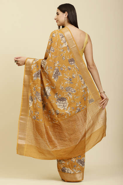 Mustard Cotton Silk Floral Printed & Zari Border Saree