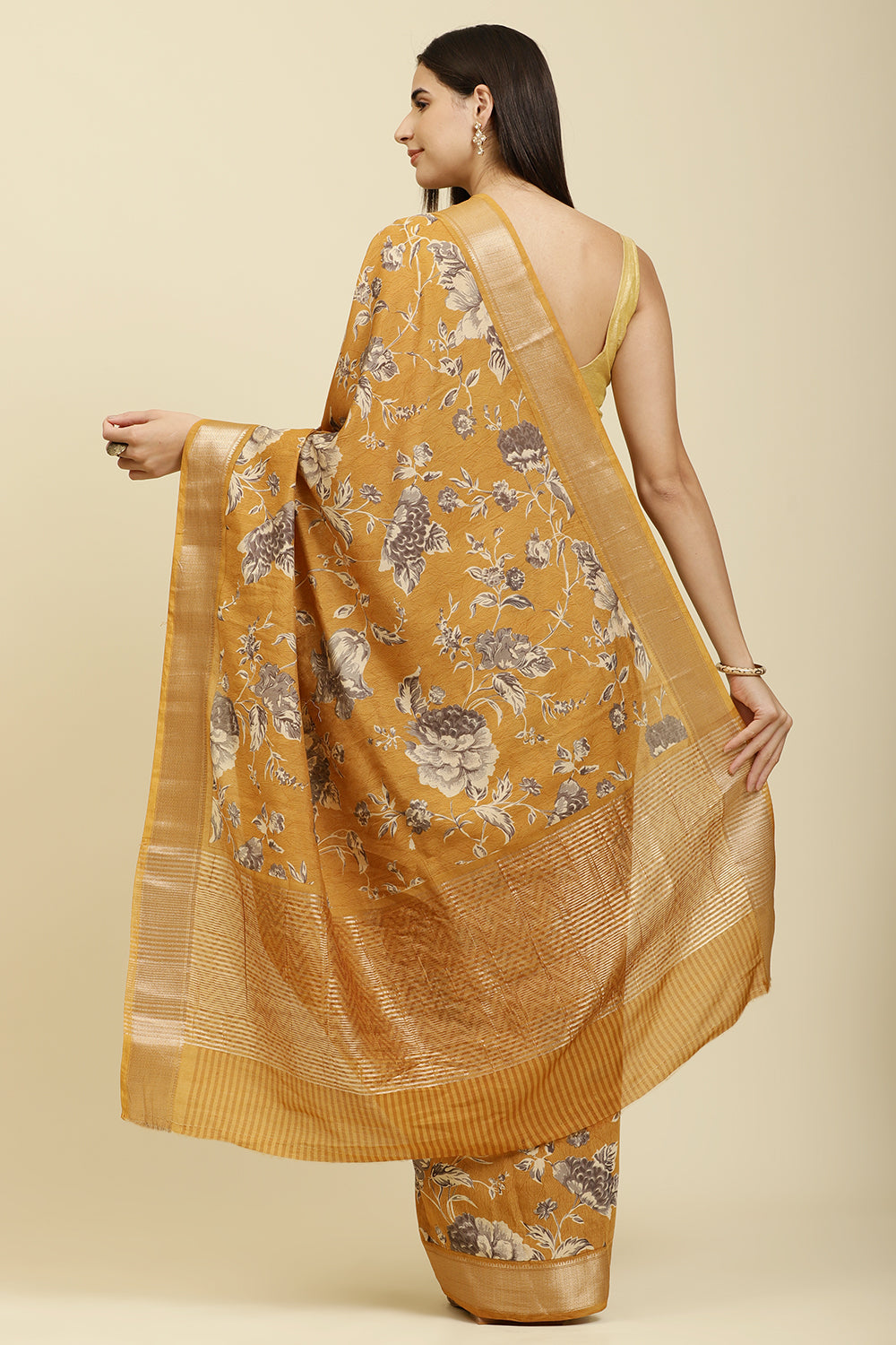 Mustard Cotton Silk Floral Printed & Zari Border Saree