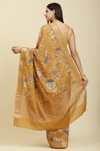 Mustard Cotton Silk Floral Printed & Zari Border Saree