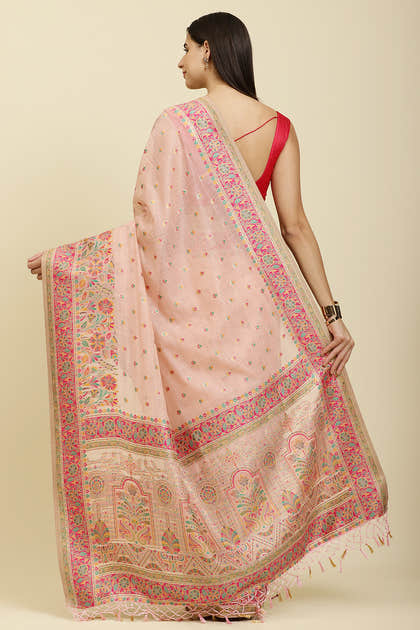 Pink Chanderi Cotton kashida Weaves Saree