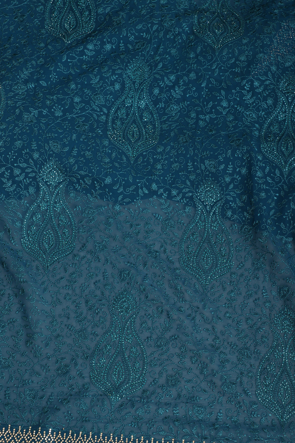 Nile Blue Georgette Resham Floral Jal Woven And Swarovski Work Saree