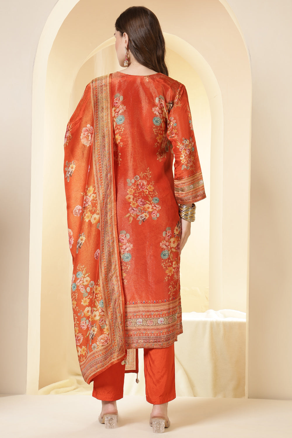 Orange Color Shimmer Tissue Printed & Embroidered Suit Set