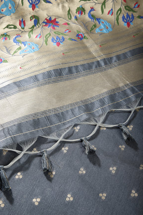 Grey Color Cotton Silk Paithani Work Saree