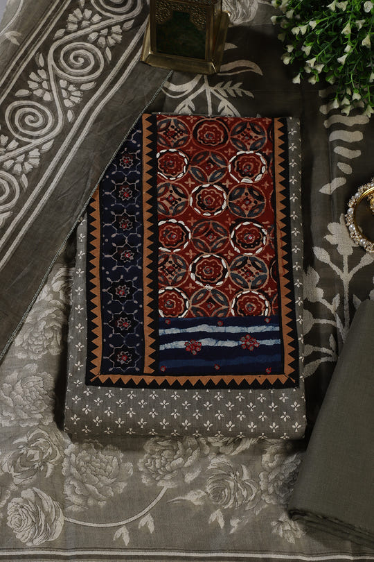 Greyish Green Printed and Mirror Work Cotton Unstitched Suit Material