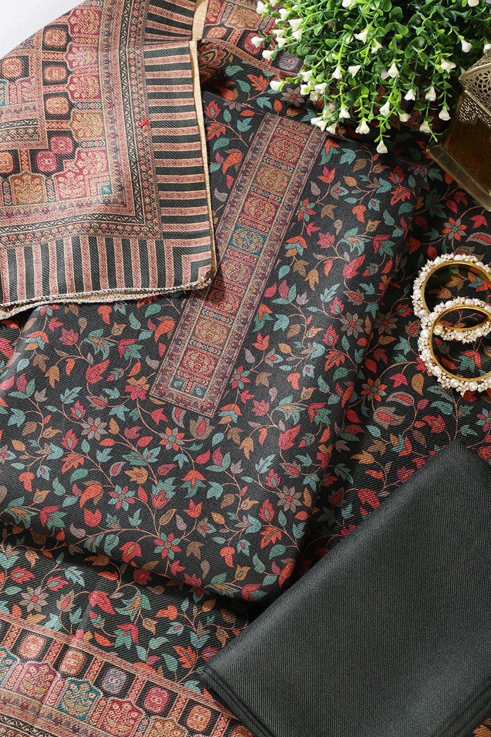 Bottle Green Pashmina Floral Printed Unstitched Suit Fabric