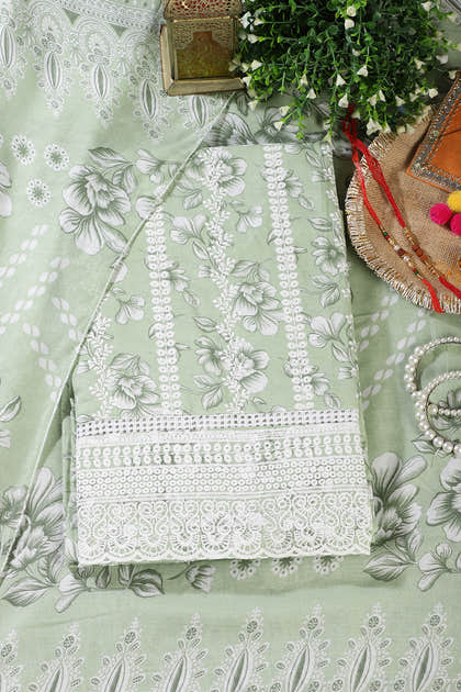 Light Green Cotton Floral Printed And Resham Embroidered Unstitched Suit Material