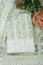 Light Green Cotton Floral Printed And Resham Embroidered Unstitched Suit Material