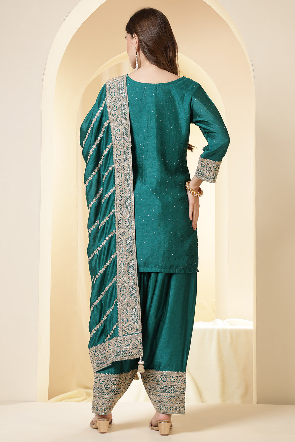 Teal Silk Zari Embroidered Suit With Farsi Salwar
