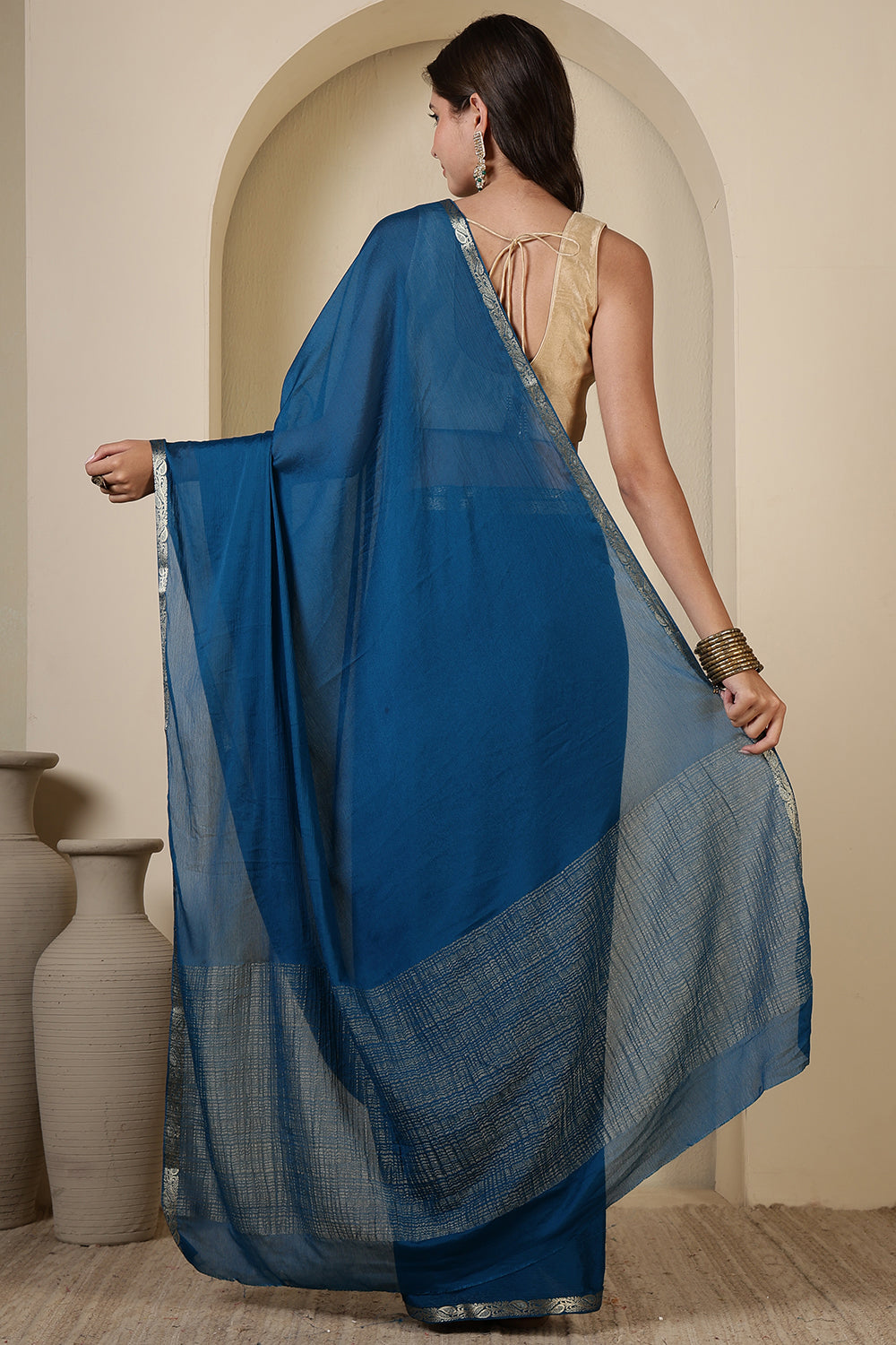 Blue Chiffon Zari Border Saree