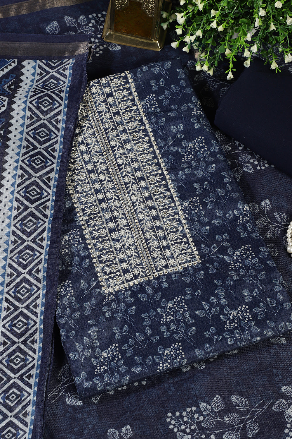 Navy Blue Cotton Silk Blossom Printed and Neck Embroidered Unstitched Suit