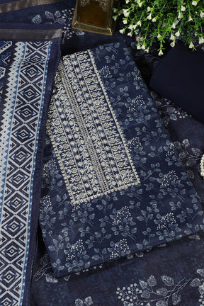 Navy Blue Cotton Silk Blossom Printed and Neck Embroidered Unstitched Suit