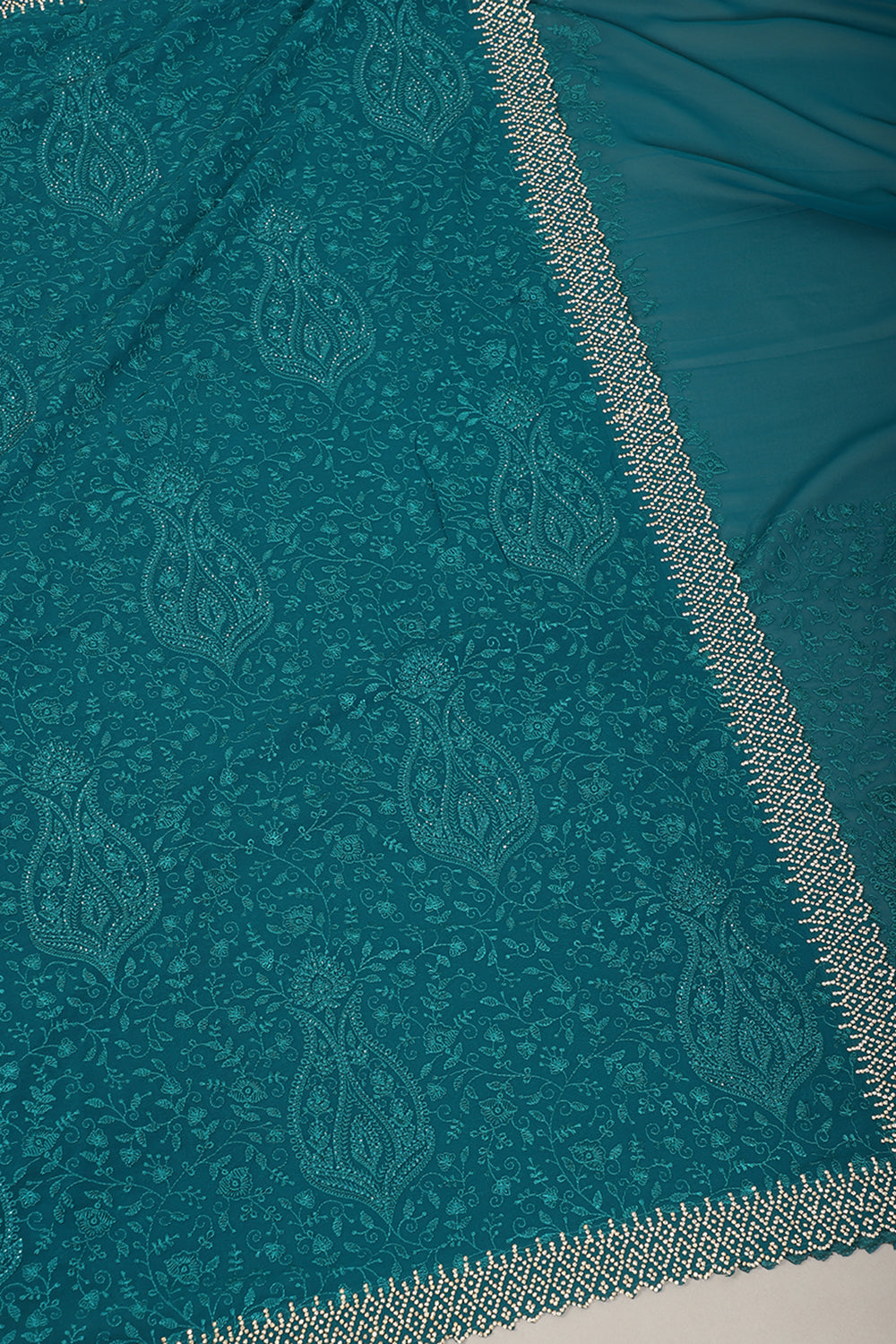 Teal Green Color Georgette Resham Floral Jal Woven And Swarovski Work Saree