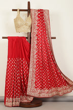 Red Color Pure Satin Crepe Saree with Full Zardozi Handwork