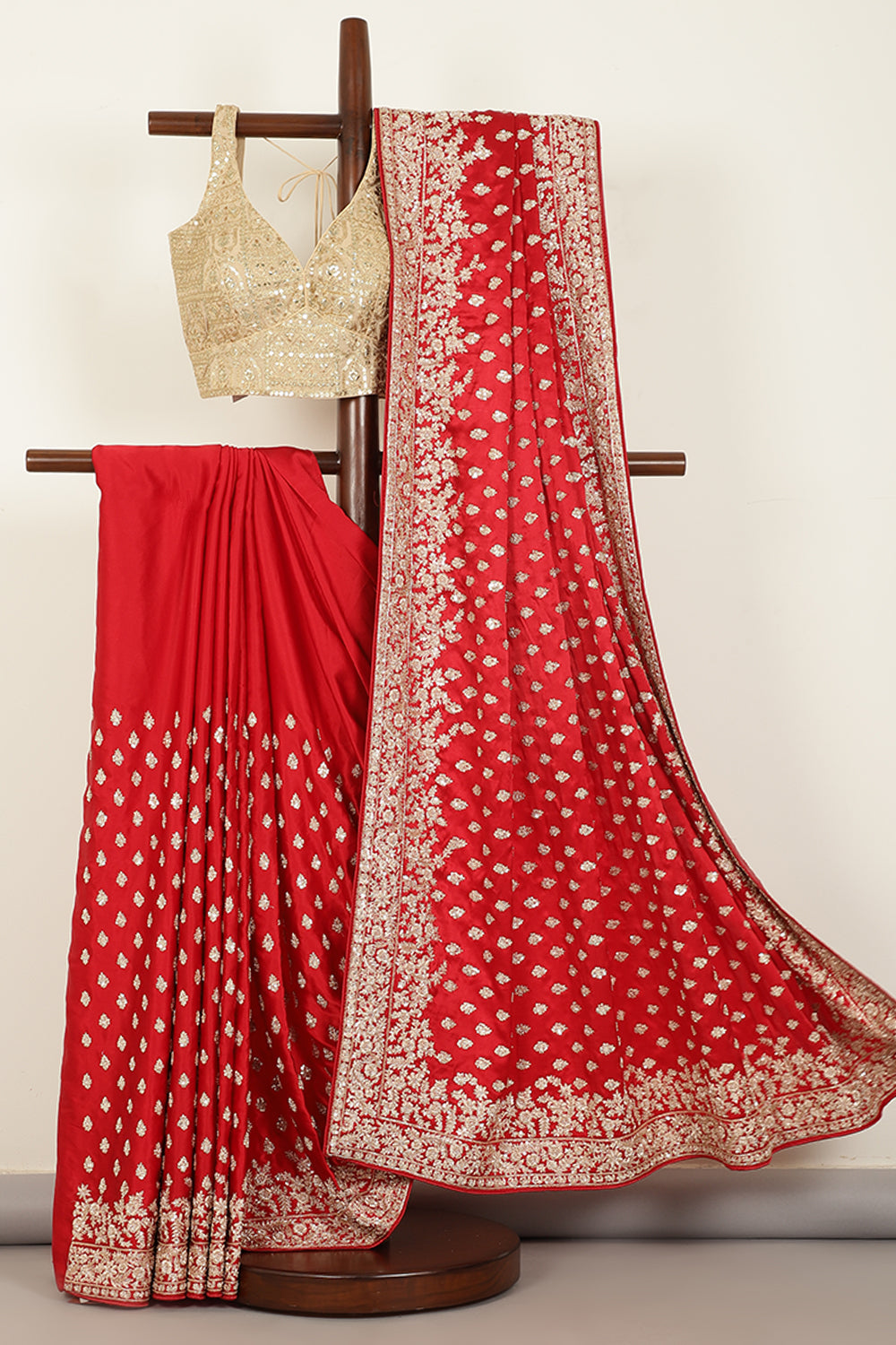 Red Color Pure Satin Crepe Saree with Full Zardozi Handwork