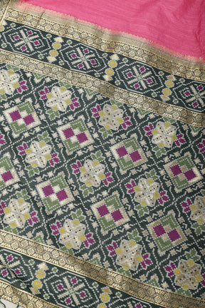 Dark Pink & Green Dual Toned Tussar Silk Patola Woven Saree