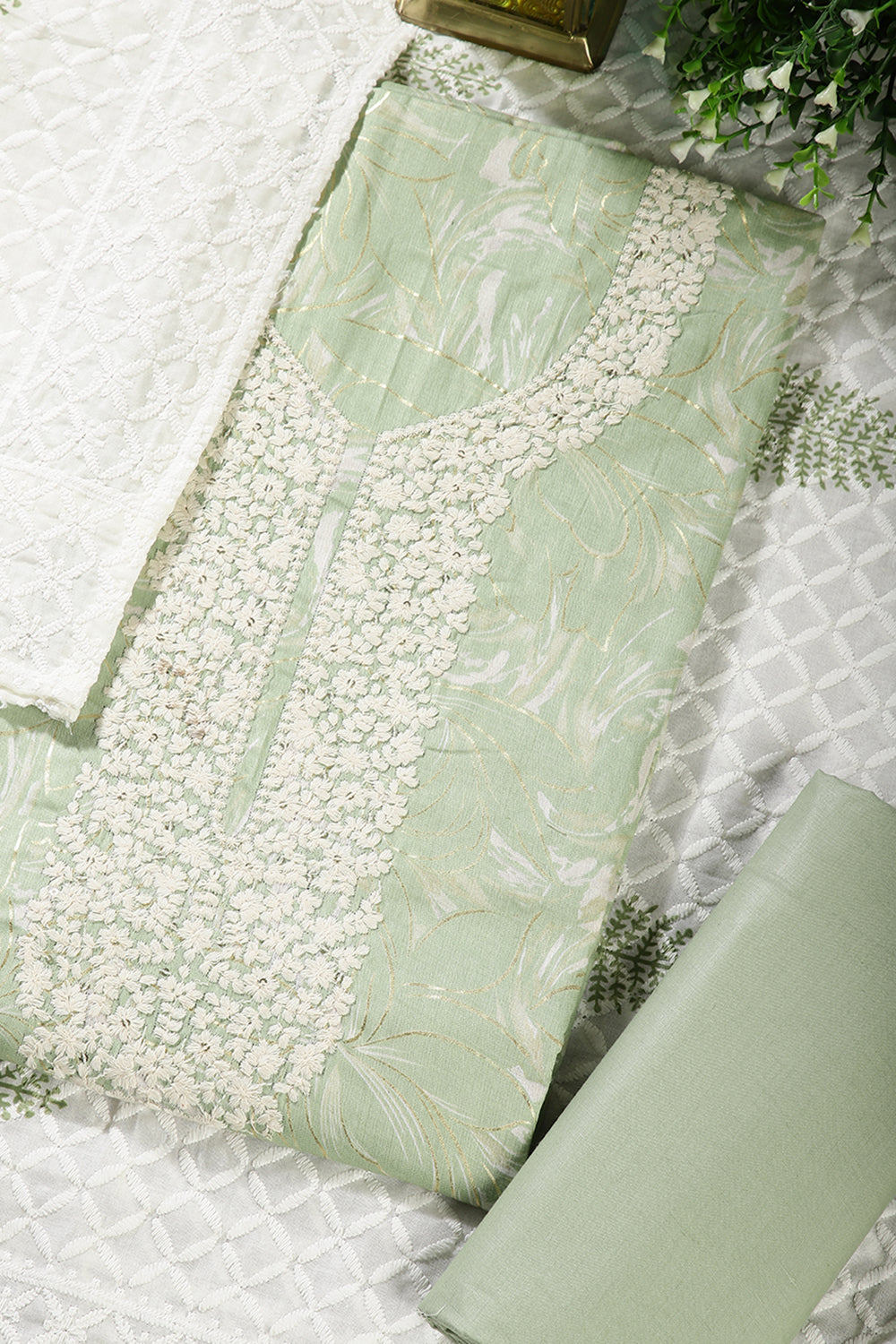 Pista Green Colour Cotton Printed & Resham Neck Embroidered Unstitched Suit