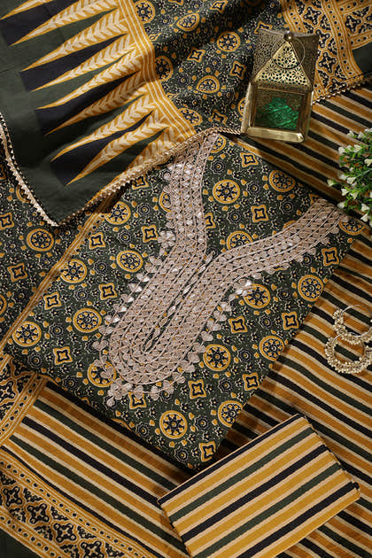Green Cotton Printed & Neck Embroidered Unstitched Suit Material