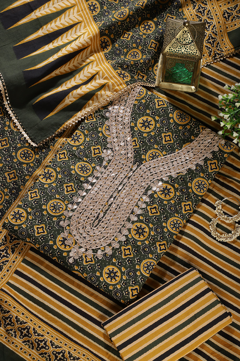 Green Cotton Printed & Neck Embroidered Unstitched Suit Material