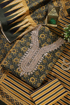 Green Cotton Printed & Neck Embroidered Unstitched Suit Material