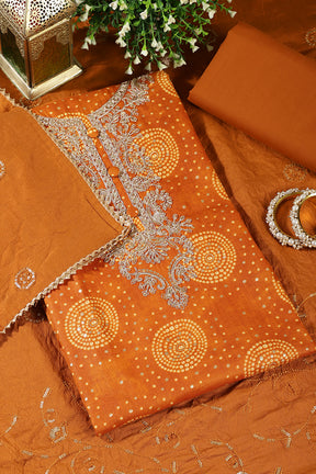 Mustard Cotton Bandhani Printed & Neck Embroidered Unstitched Suit