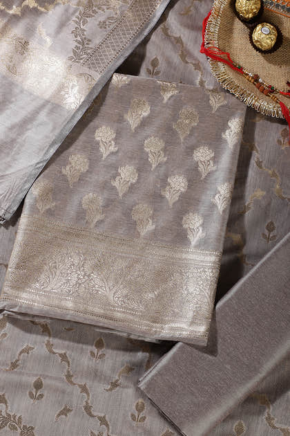 Fawn Color Silk Zari Woven Unstitched Suit Material