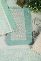 Sea Green Colour Cotton Printed & Resham Neck Embroidered Unstitched Suit