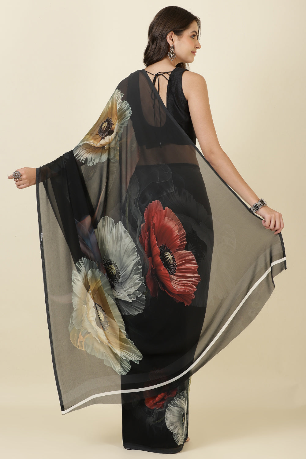 Black Georgette Floral Printed Saree