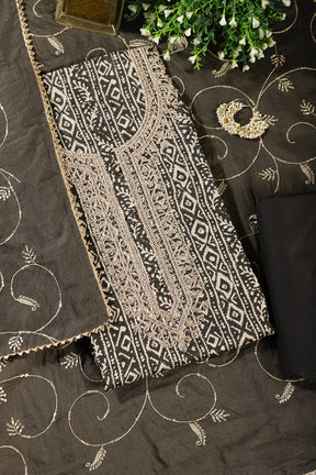 Grey Cotton Digital Printed & Neck Embroidered Unstitched Suit