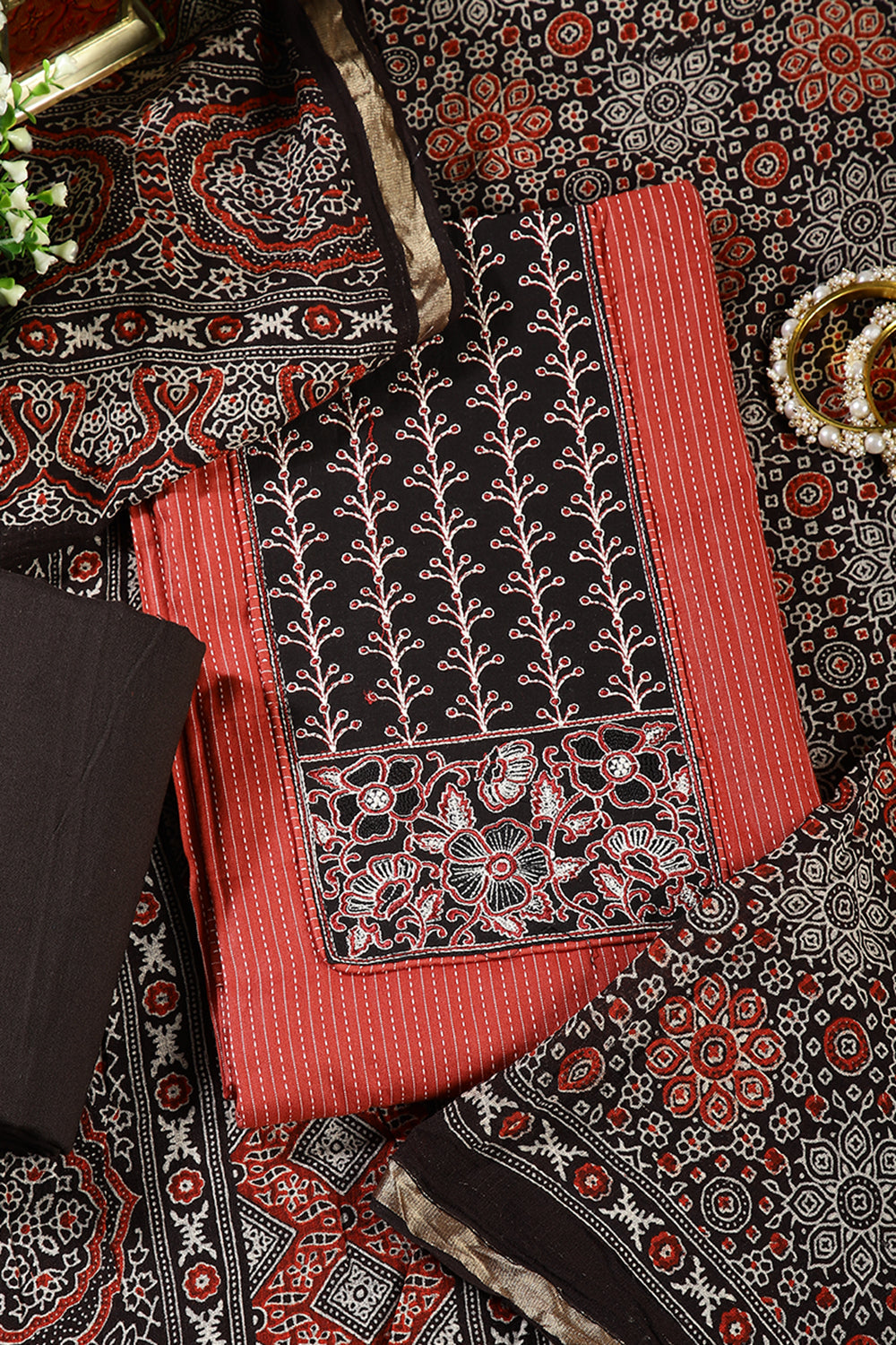 Rust & Black Color Twill Cotton Printed Unstitched Suit Material