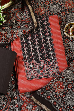 Rust & Black Color Twill Cotton Printed Unstitched Suit Material