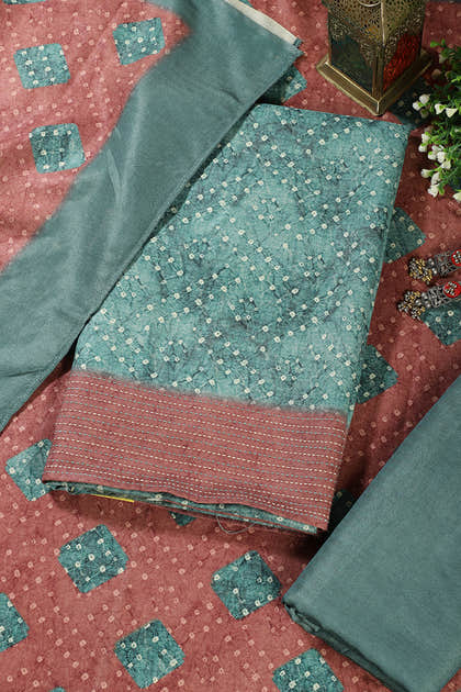 Teal Green Spun Bandhani Printed Unstitched Suit Fabric