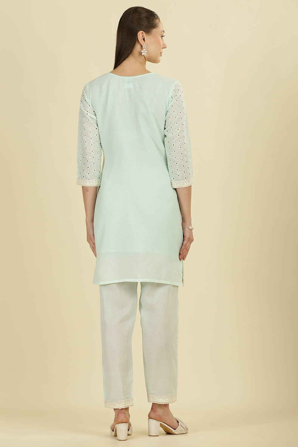 Mint Blue  Cotton Hacoba Style Neck-Embroidered Kurta Set