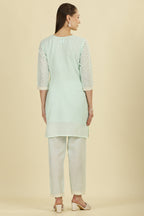 Mint Blue  Cotton Hacoba Style Neck-Embroidered Kurta Set