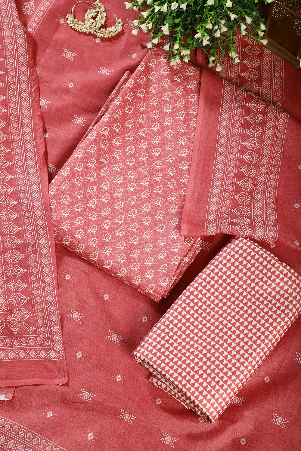 Peach Color Cotton Printed Unstitched Suit