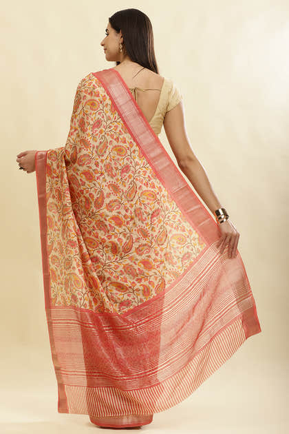 Pink & Beige Cotton Silk Floral Boota Printed Saree