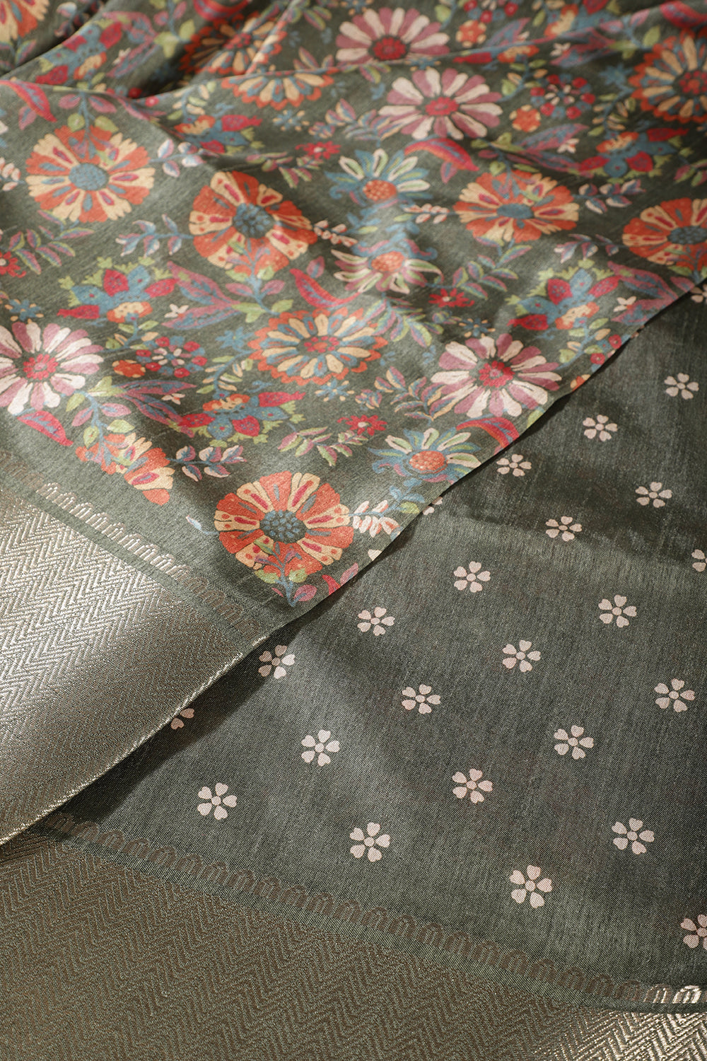 Mehandi Colour Floral Printed Cotton Silk Saree