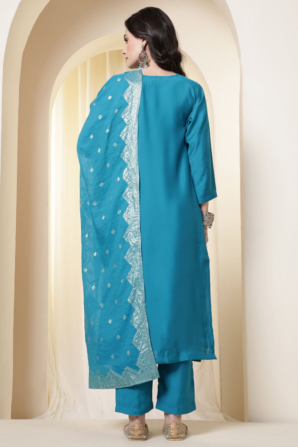 Purple Silk Neck Embroidered Suit Set With Woven Dupatta