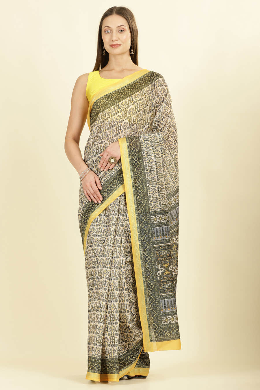 Olive Green Ajrakh Block Printed Cotton Saree