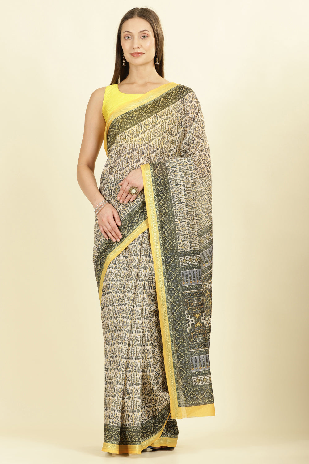 Olive Green Ajrakh Block Printed Cotton Saree