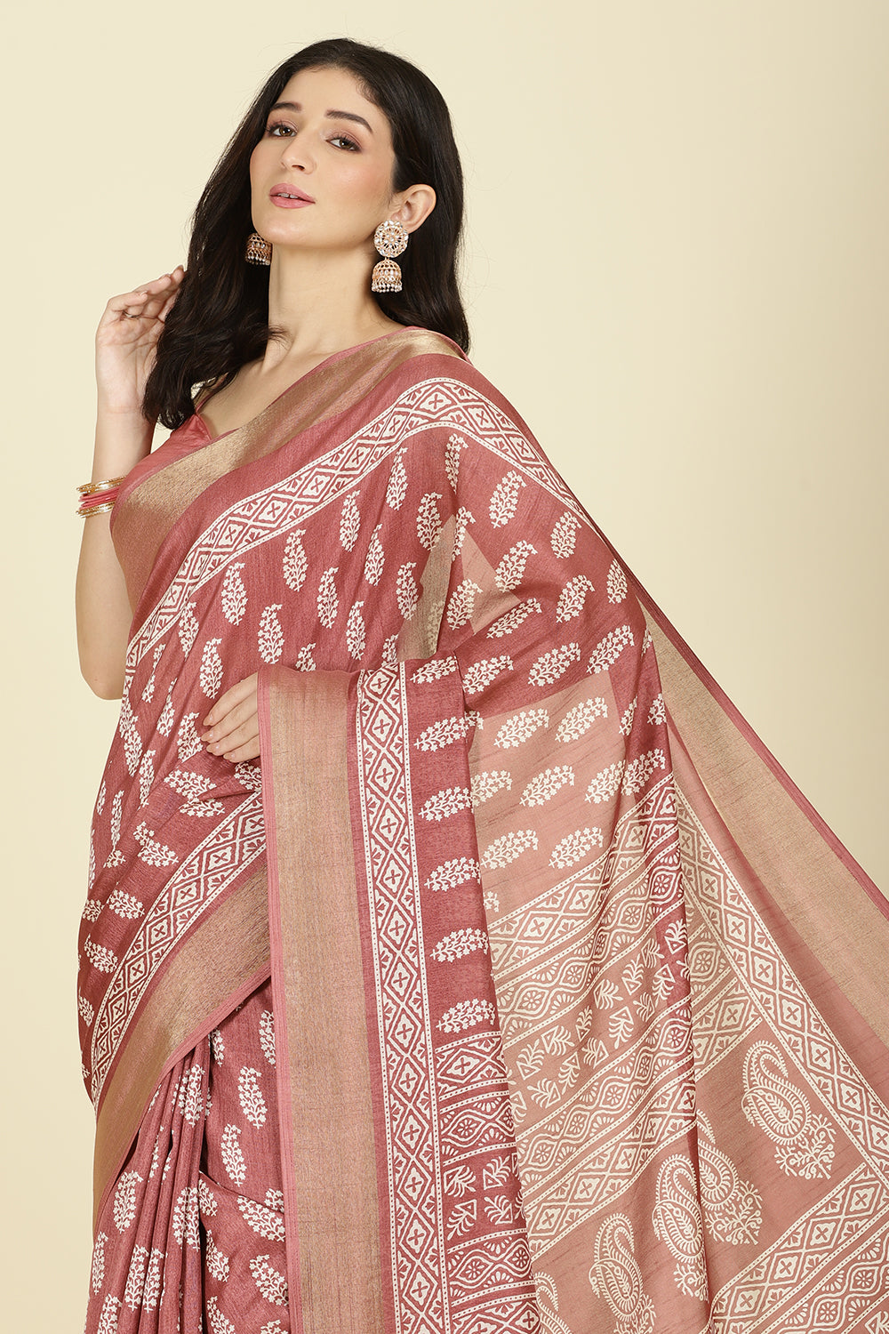 Light Maroon Cotton Silk Boota Printed And Zari Woven Saree